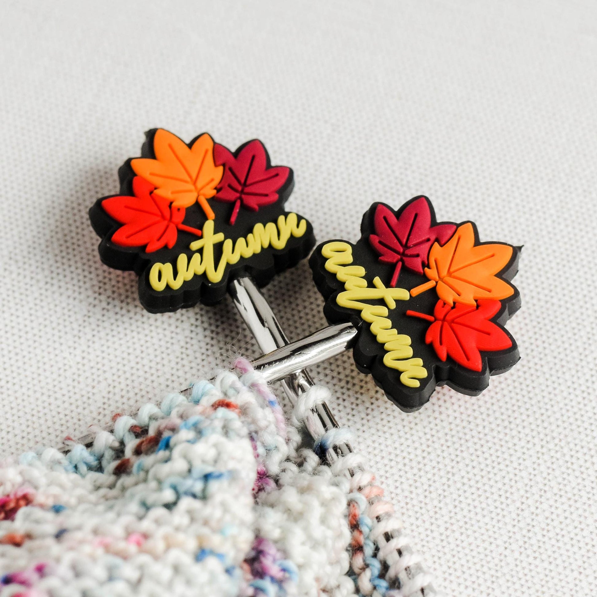 Autumn Leaves Silicone Stitch Stoppers - Set of 2 - Knitting Needle Point Protectors, Stitch Holders, Needle Stoppers