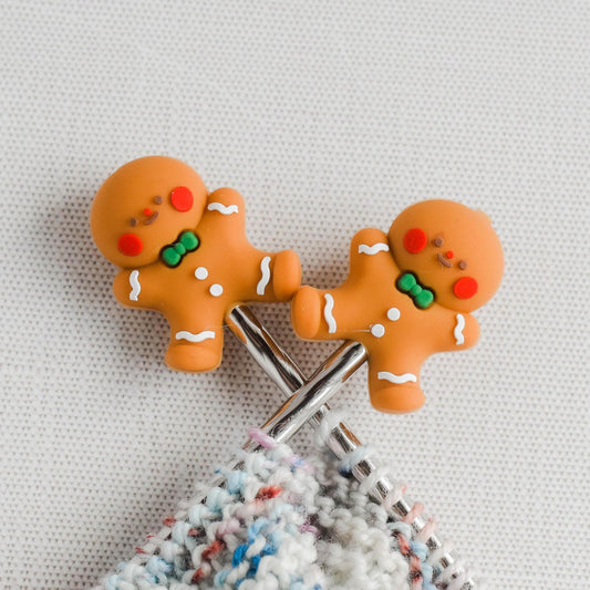 Gingerbread Man Silicone Stitch Stoppers - Set of 2 - Knitting Needle Point Protectors, Stitch Holders, Needle Stoppers