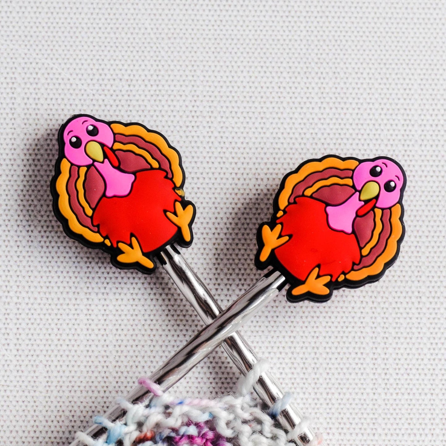 Funny Turkey Silicone Stitch Stoppers - Set of 2 - Knitting Needle Point Protectors, Stitch Holders, Needle Stoppers