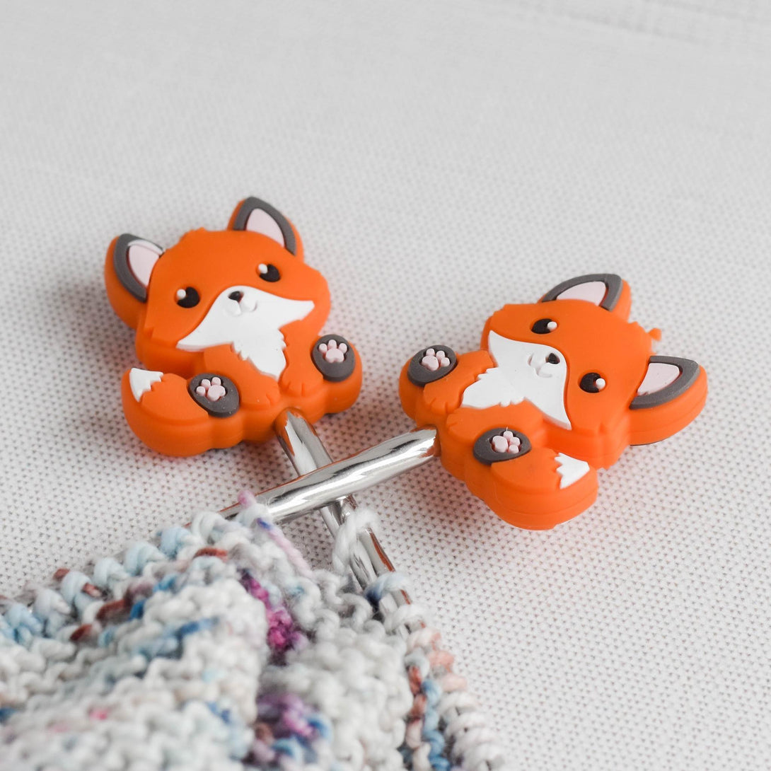 Baby Fox Silicone Stitch Stoppers - Set of 2 - Knitting Needle Point Protectors, Stitch Holders, Needle Stoppers