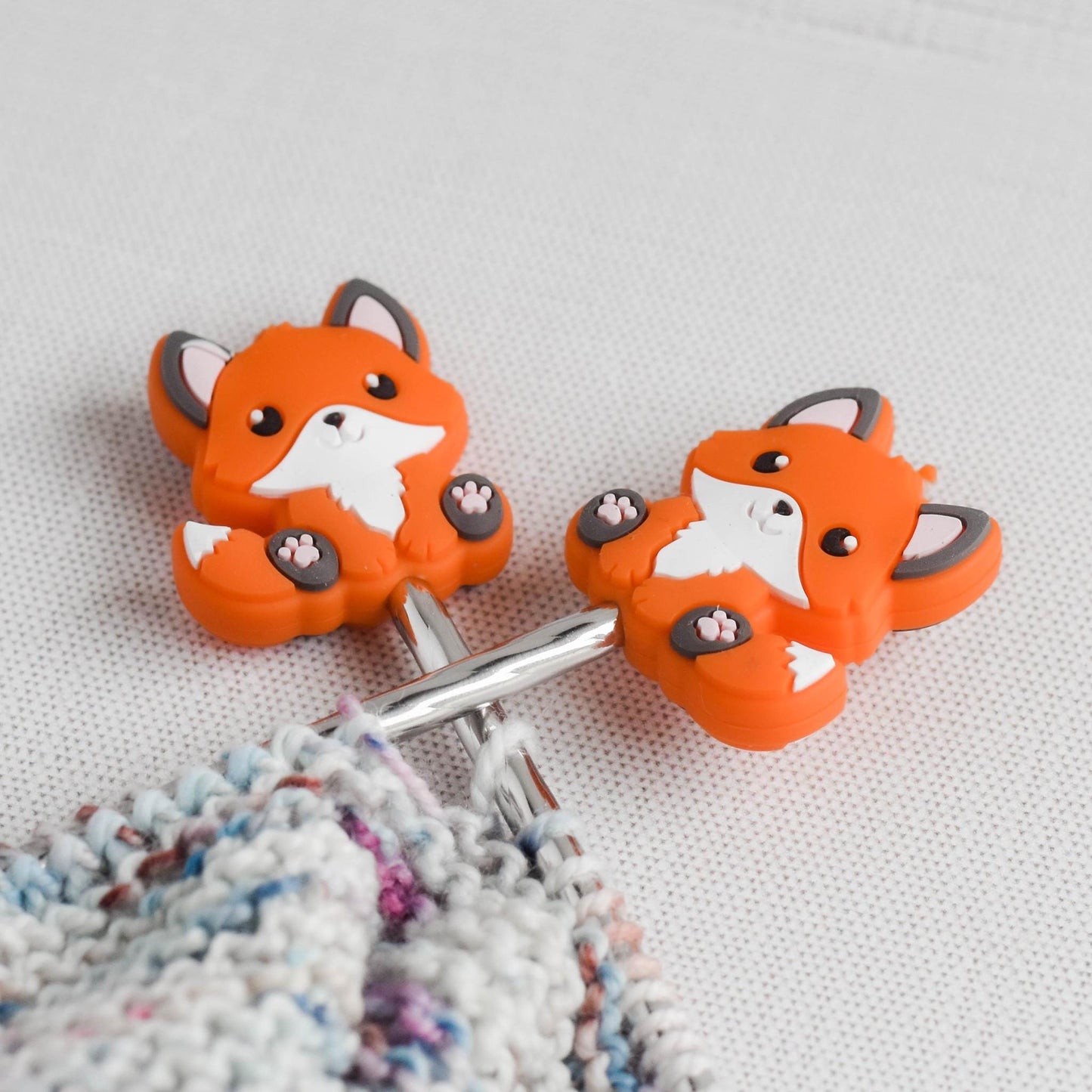 Baby Fox Silicone Stitch Stoppers - Set of 2 - Knitting Needle Point Protectors, Stitch Holders, Needle Stoppers