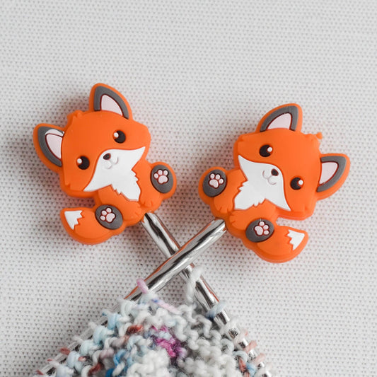 Baby Fox Silicone Stitch Stoppers - Set of 2 - Knitting Needle Point Protectors, Stitch Holders, Needle Stoppers