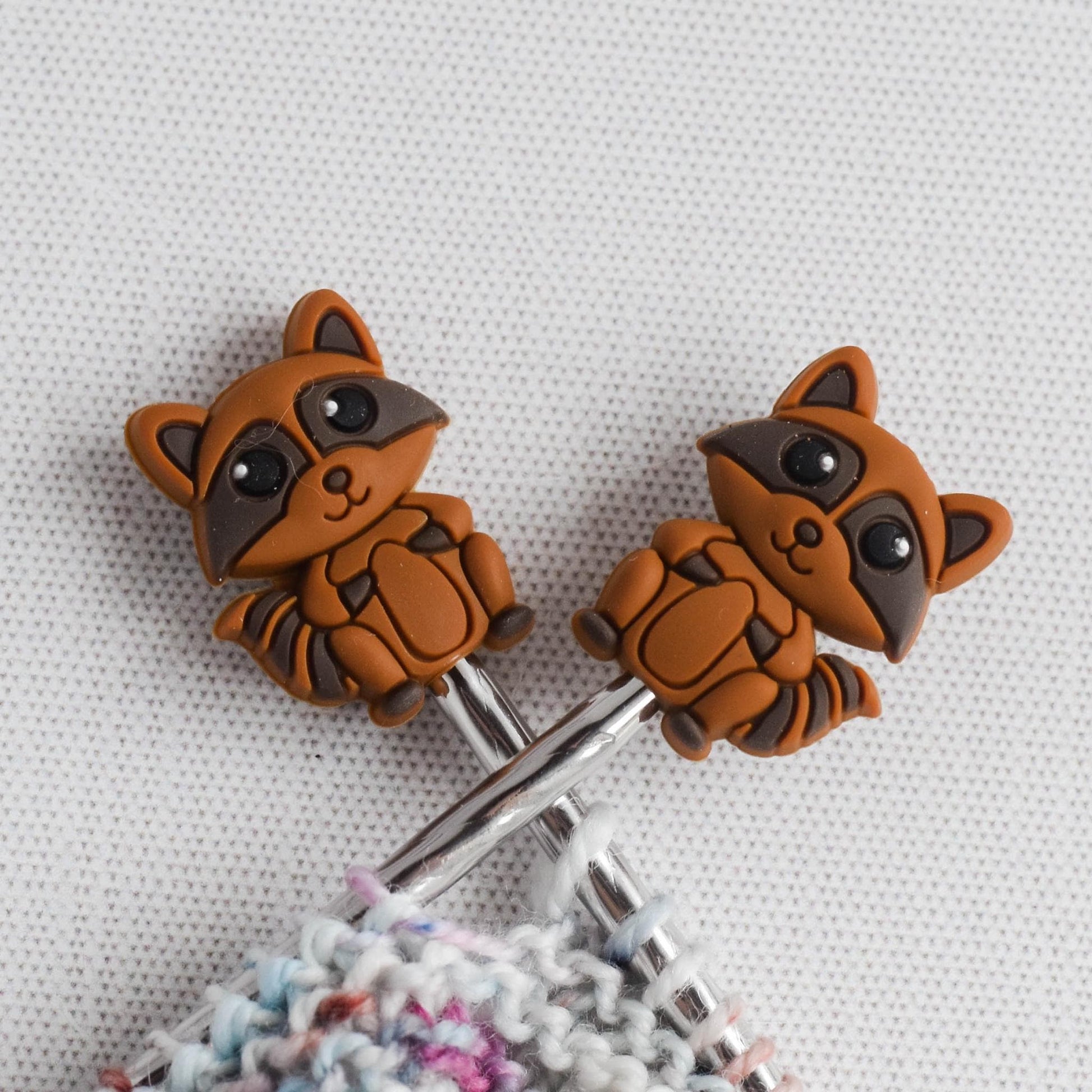 Baby Raccoon Silicone Stitch Stoppers - Set of 2 - Knitting Needle Point Protectors, Stitch Holders, Needle Stoppers