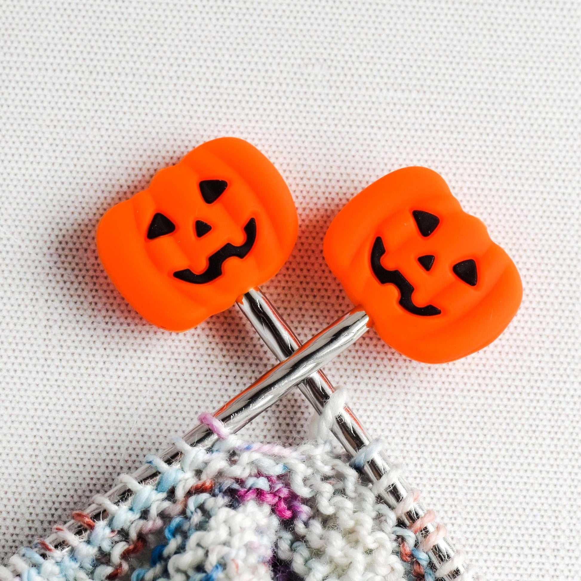 Jack-o-lantern Silicone Stitch Stoppers - Set of 2 - Knitting Needle Point Protectors, Stitch Holders, Needle Stoppers