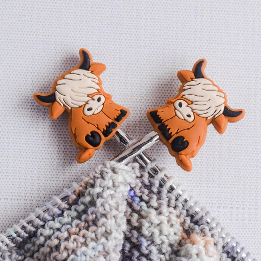 Highland Cows Silicone Stitch Stoppers - Set of 2 - Knitting Needle Point Protectors, Stitch Holders, Needle Stoppers