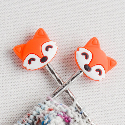 Fox Faces Silicone Stitch Stoppers - Set of 2 - Knitting Needle Point Protectors, Stitch Holders, Needle Stoppers