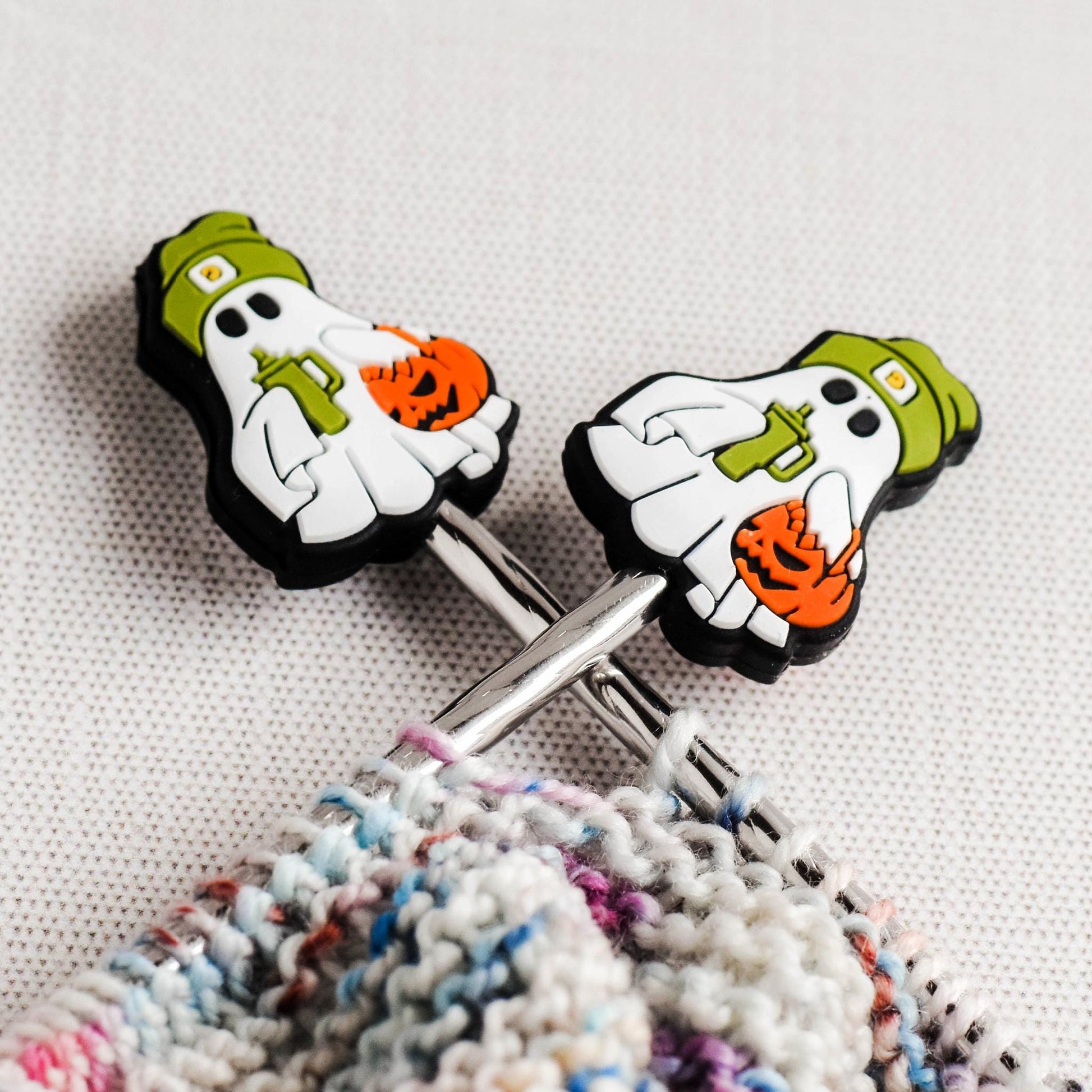 Fall Ghost Silicone Stitch Stoppers - Set of 2 - Knitting Needle Point Protectors, Stitch Holders, Needle Stoppers