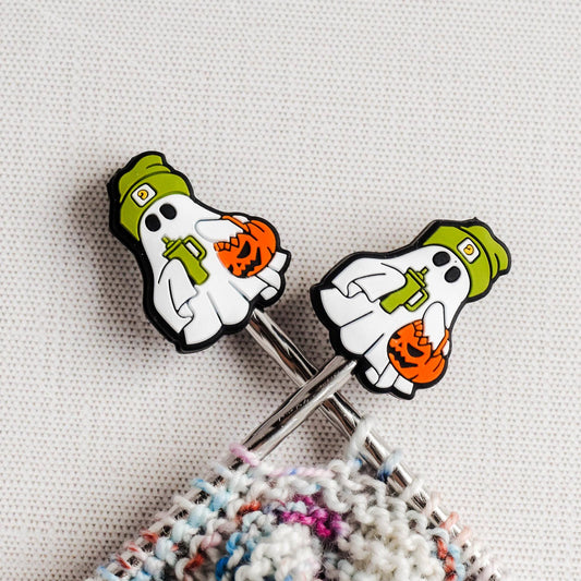 Fall Ghost Silicone Stitch Stoppers - Set of 2 - Knitting Needle Point Protectors, Stitch Holders, Needle Stoppers