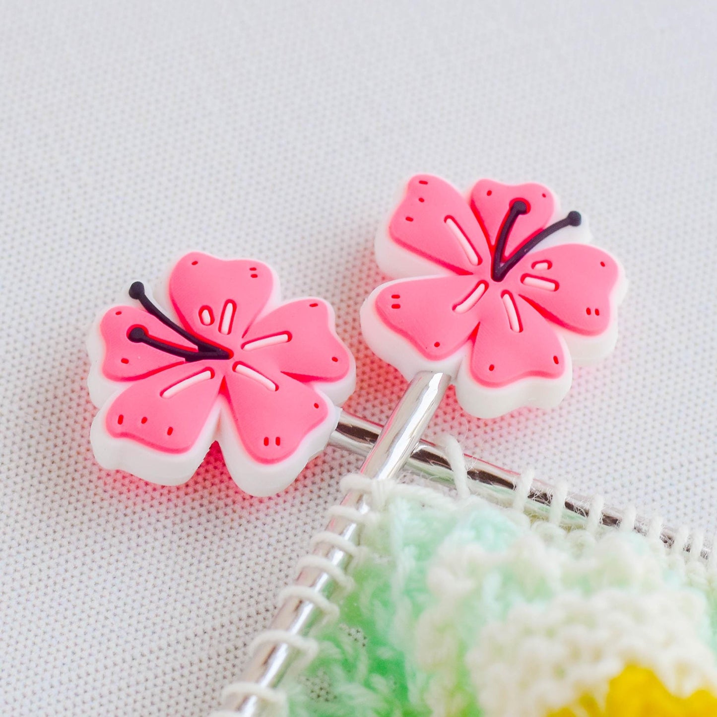 Pink Tropical Flower Silicone Stitch Stoppers - Set of 2 - Knitting Needle Point Protectors, Stitch Holders, Needle Stoppers