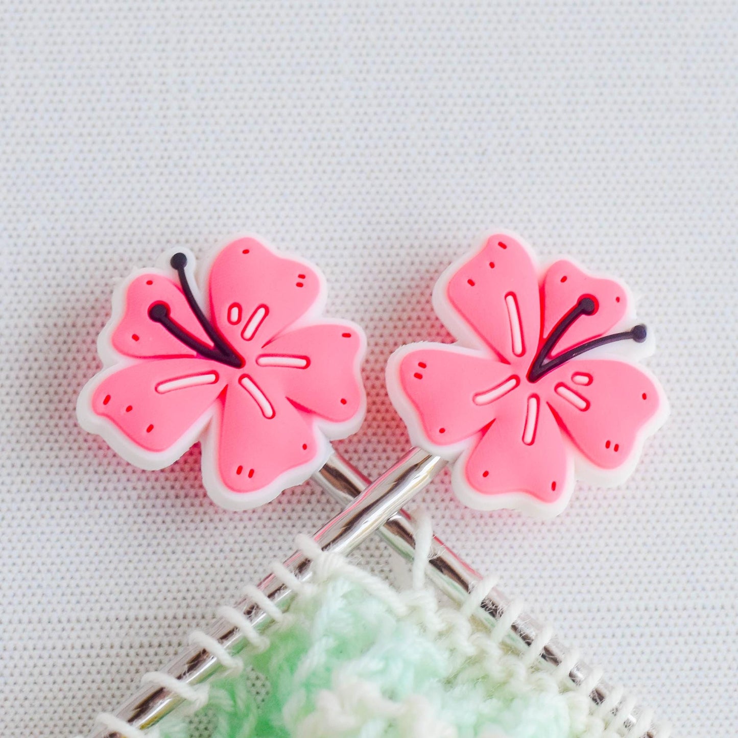 Pink Tropical Flower Silicone Stitch Stoppers - Set of 2 - Knitting Needle Point Protectors, Stitch Holders, Needle Stoppers