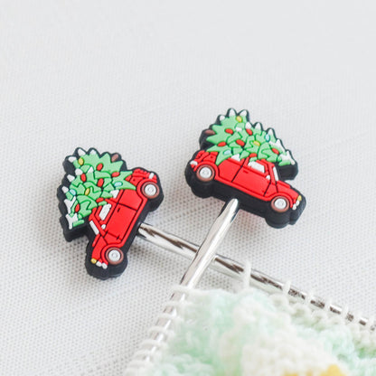 Christmas Tree Car Silicone Stitch Stoppers - Set of 2 - Knitting Needle Point Protectors, Stitch Holders, Needle Stoppers