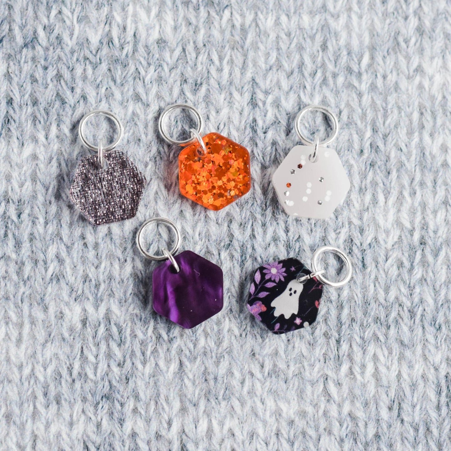 Set of 5 Hexagon Stitch Markers - Spooky - Knit Markers, Laser Engraved Acrylic Stitch Markers, Halloween Acrylic Stitch Markers