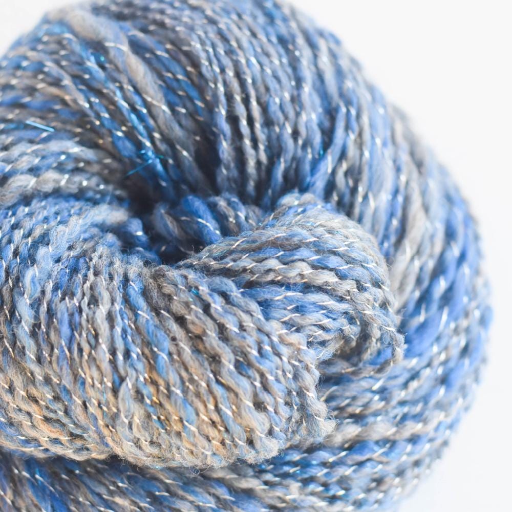 Alpaca Handspun Yarn, Handcarded Alpaca Merino bamboo, Alpaca Yarn, 2 ply Worsted weight 190 yards, blue silver, alpaca yarn - Frozen Waters