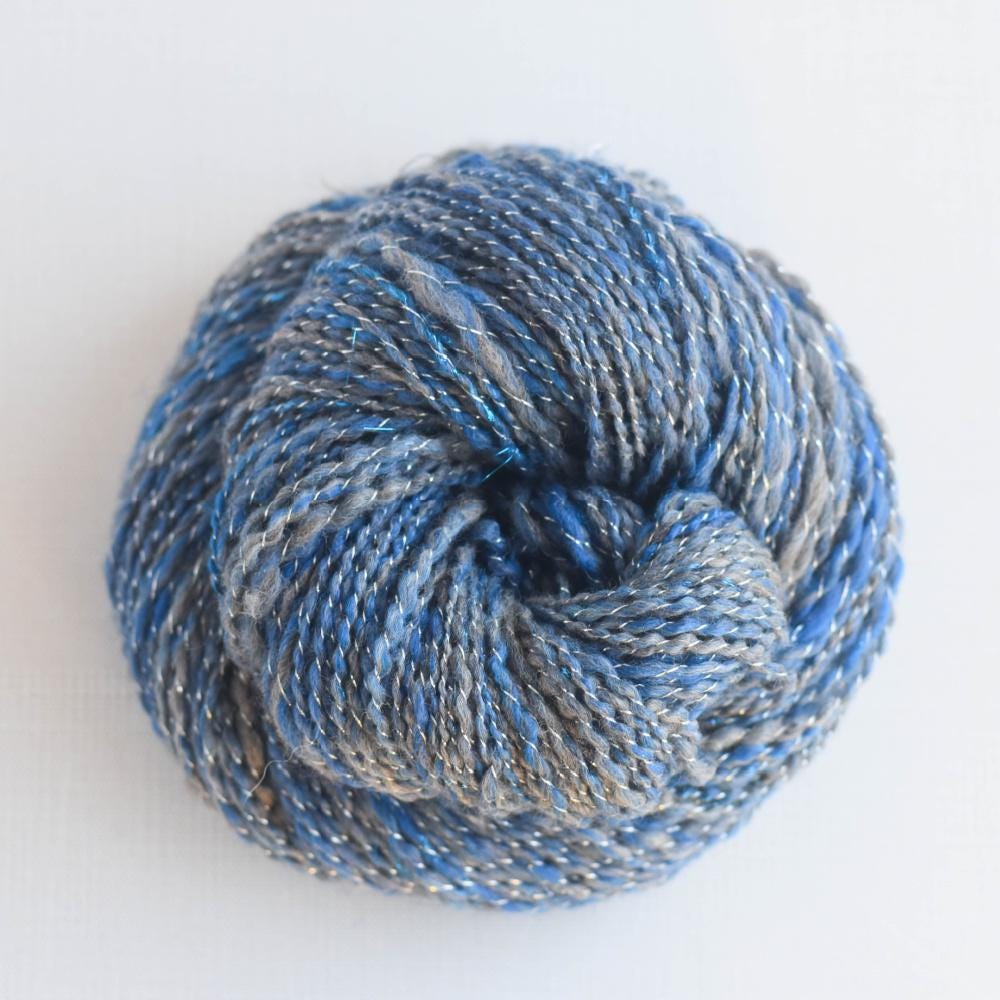 Alpaca Handspun Yarn, Handcarded Alpaca Merino bamboo, Alpaca Yarn, 2 ply Worsted weight 190 yards, blue silver, alpaca yarn - Frozen Waters