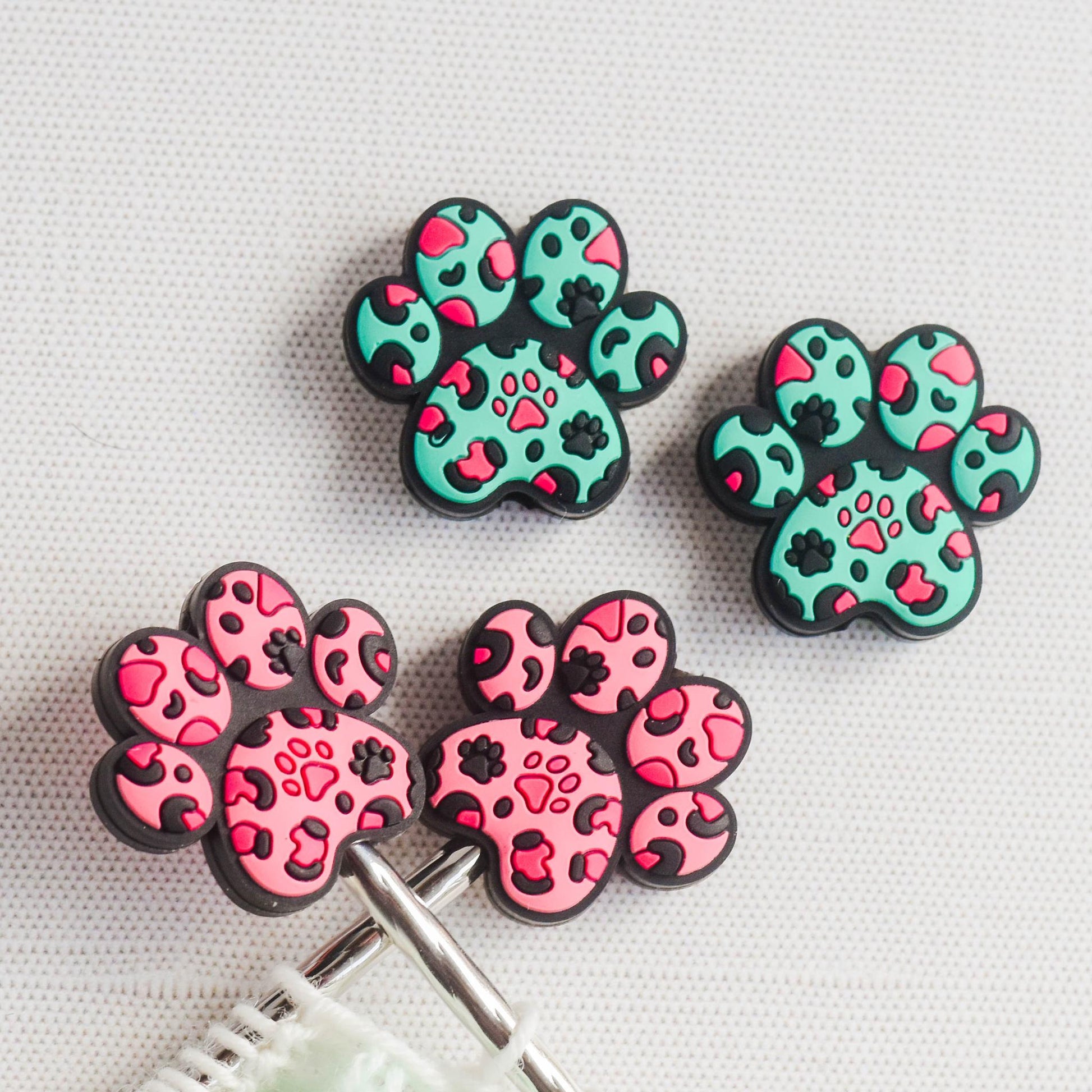 Leopard Dog Paw Silicone Stitch Stoppers - Set of 2 - Knitting Needle Point Protectors, Stitch Holders, Needle Stoppers