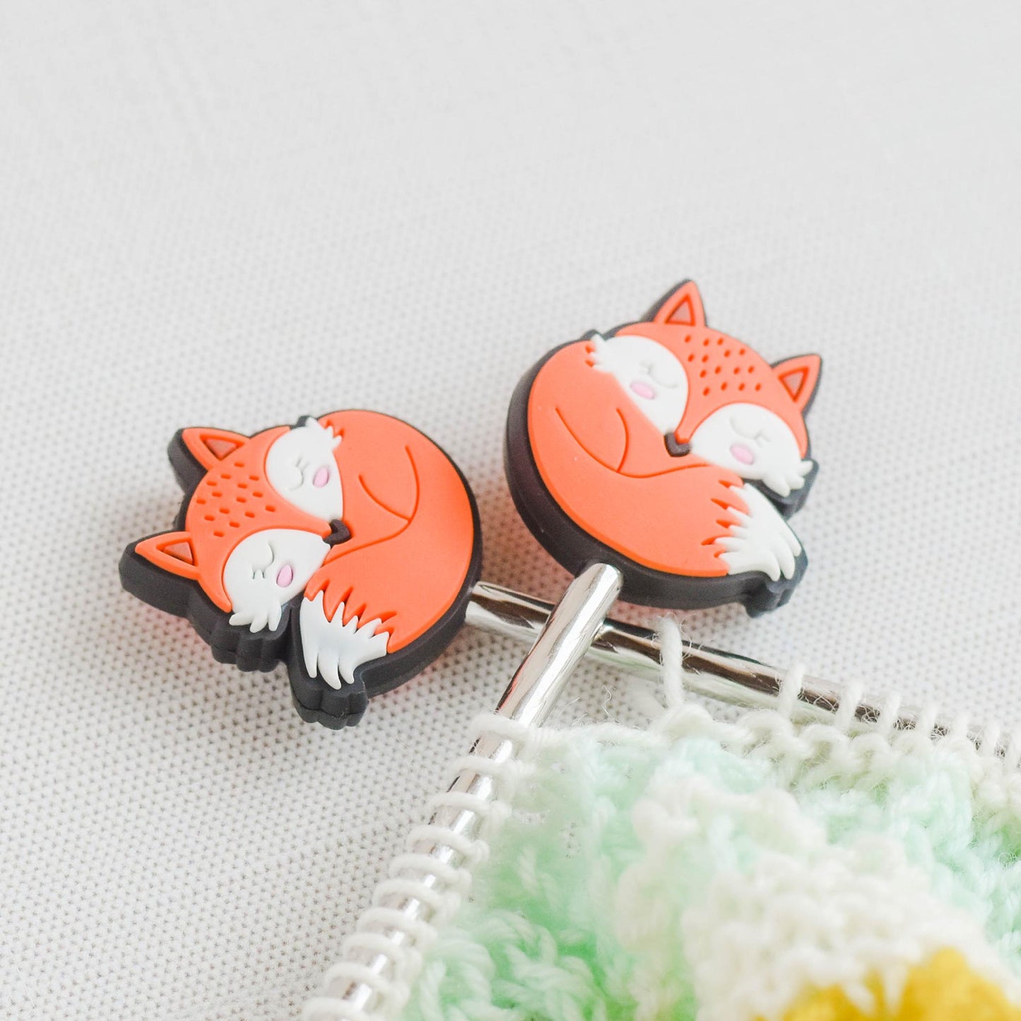 Sleeping Fox Silicone Stitch Stoppers - Set of 2 - Knitting Needle Point Protectors, Stitch Holders, Needle Stoppers