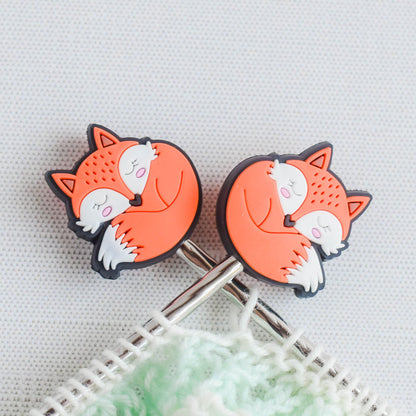 Sleeping Fox Silicone Stitch Stoppers - Set of 2 - Knitting Needle Point Protectors, Stitch Holders, Needle Stoppers