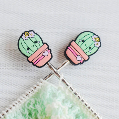 Kawaii Cactus Silicone Stitch Stoppers - Set of 2 - Knitting Needle Point Protectors, Stitch Holders, Needle Stoppers