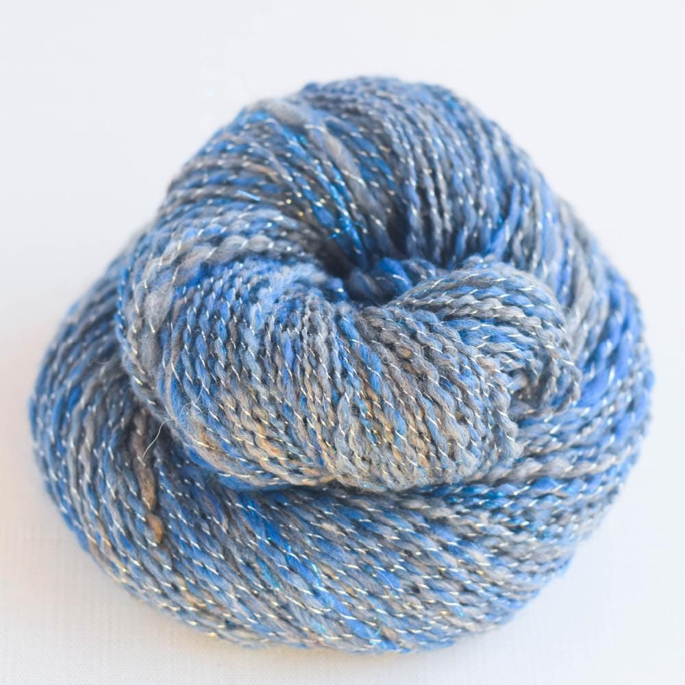 Alpaca Handspun Yarn, Handcarded Alpaca Merino bamboo, Alpaca Yarn, 2 ply Worsted weight 190 yards, blue silver, alpaca yarn - Frozen Waters