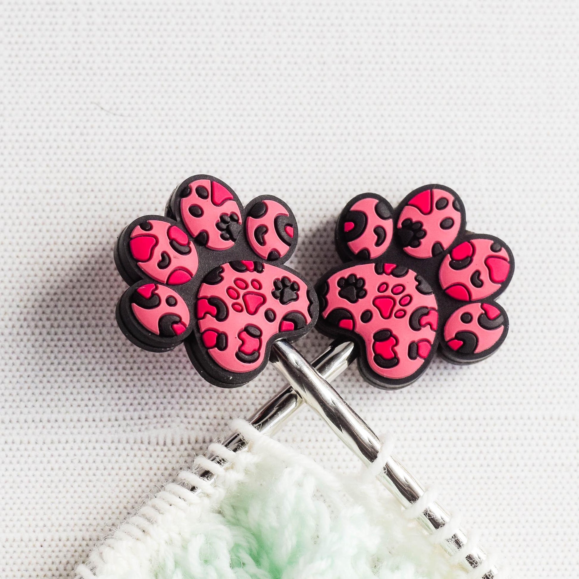 Leopard Dog Paw Silicone Stitch Stoppers - Set of 2 - Knitting Needle Point Protectors, Stitch Holders, Needle Stoppers