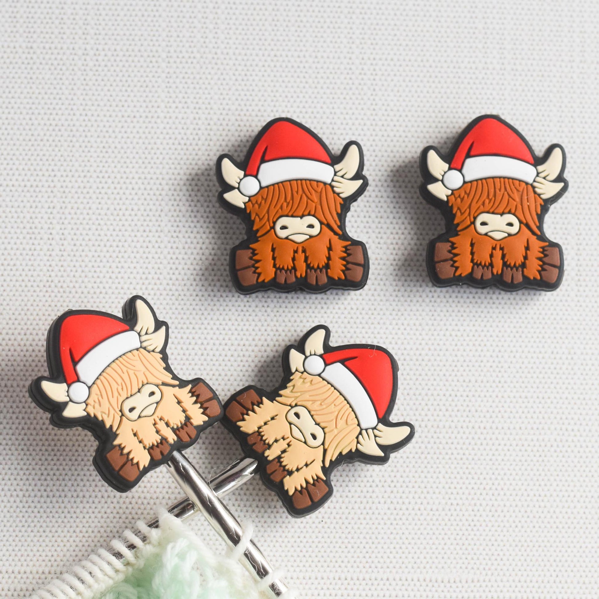 Christmas Highland Cows Silicone Stitch Stoppers - Set of 2 - Knitting Needle Point Protectors, Stitch Holders, Needle Stoppers