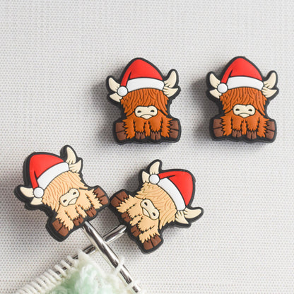 Christmas Highland Cows Silicone Stitch Stoppers - Set of 2 - Knitting Needle Point Protectors, Stitch Holders, Needle Stoppers