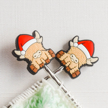 Christmas Highland Cows Silicone Stitch Stoppers - Set of 2 - Knitting Needle Point Protectors, Stitch Holders, Needle Stoppers