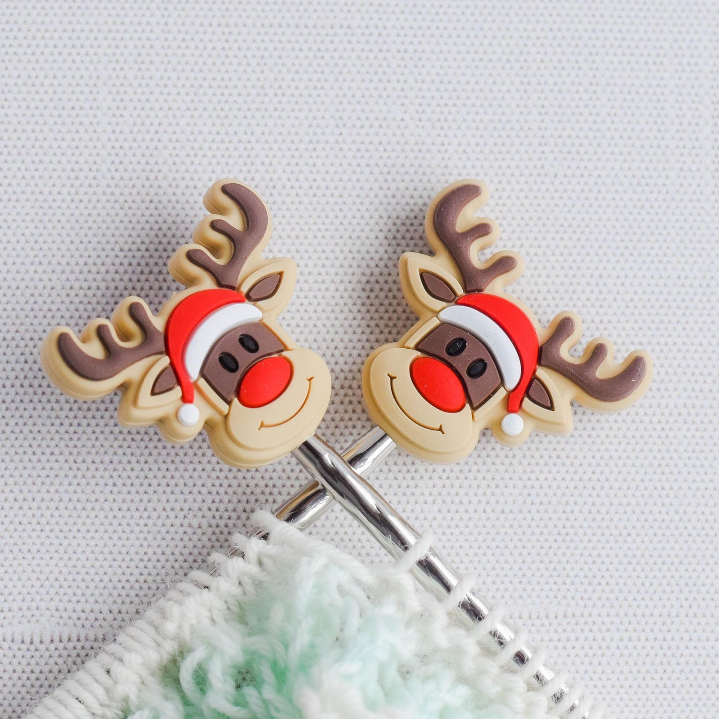 Christmas Reindeer Silicone Stitch Stoppers - Set of 2 - Knitting Needle Point Protectors, Stitch Holders, Needle Stoppers