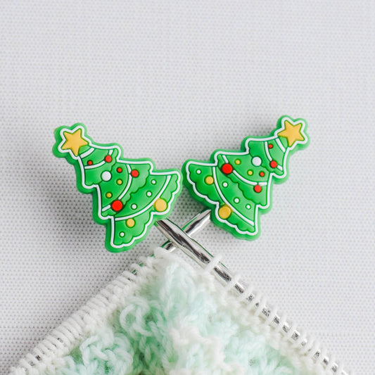 Green Christmas Tree Silicone Stitch Stoppers - Set of 2 - Knitting Needle Point Protectors, Stitch Holders, Needle Stoppers