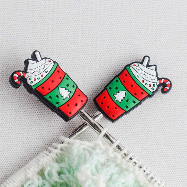 Christmas Peppermint Coffee Silicone Stitch Stoppers - Set of 2 - Knitting Needle Point Protectors, Stitch Holders, Needle Stoppers