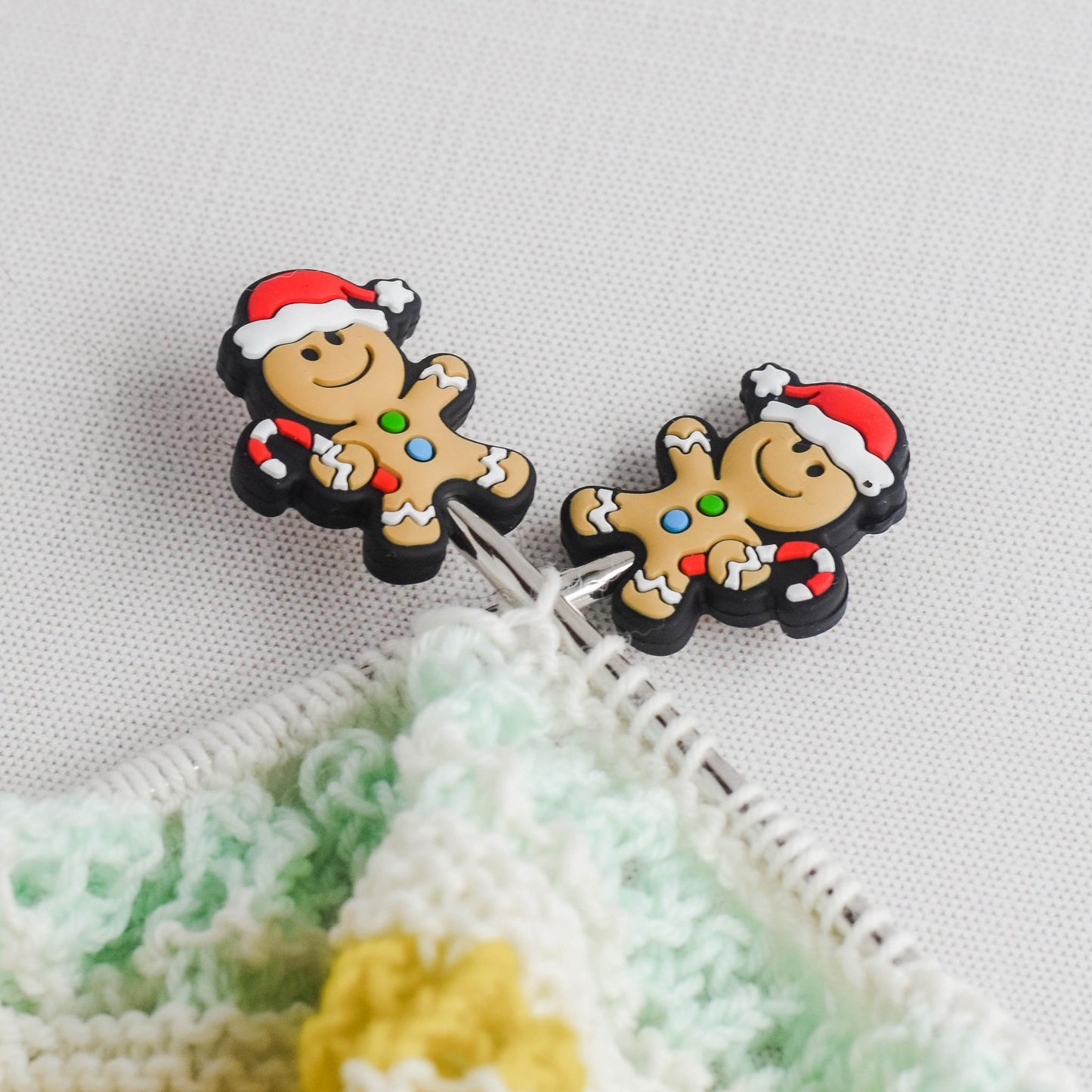 Happy Christmas Gingerbread Man Silicone Stitch Stoppers - Set of 2 - Knitting Needle Point Protectors, Stitch Holders, Needle Stoppers