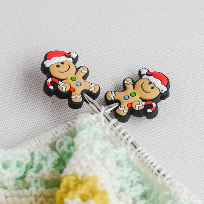 Happy Christmas Gingerbread Man Silicone Stitch Stoppers - Set of 2 - Knitting Needle Point Protectors, Stitch Holders, Needle Stoppers