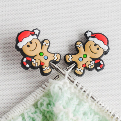 Happy Christmas Gingerbread Man Silicone Stitch Stoppers - Set of 2 - Knitting Needle Point Protectors, Stitch Holders, Needle Stoppers