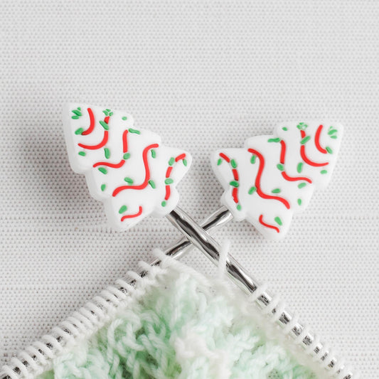 White Christmas Tree Silicone Stitch Stoppers - Set of 2 - Knitting Needle Point Protectors, Stitch Holders, Needle Stoppers