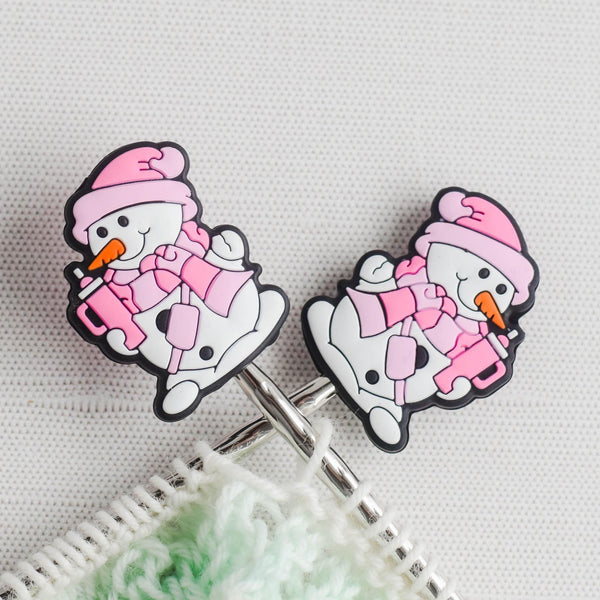 Pink Snowman Silicone Stitch Stoppers - Set of 2 - Knitting Needle Point Protectors, Stitch Holders, Needle Stoppers