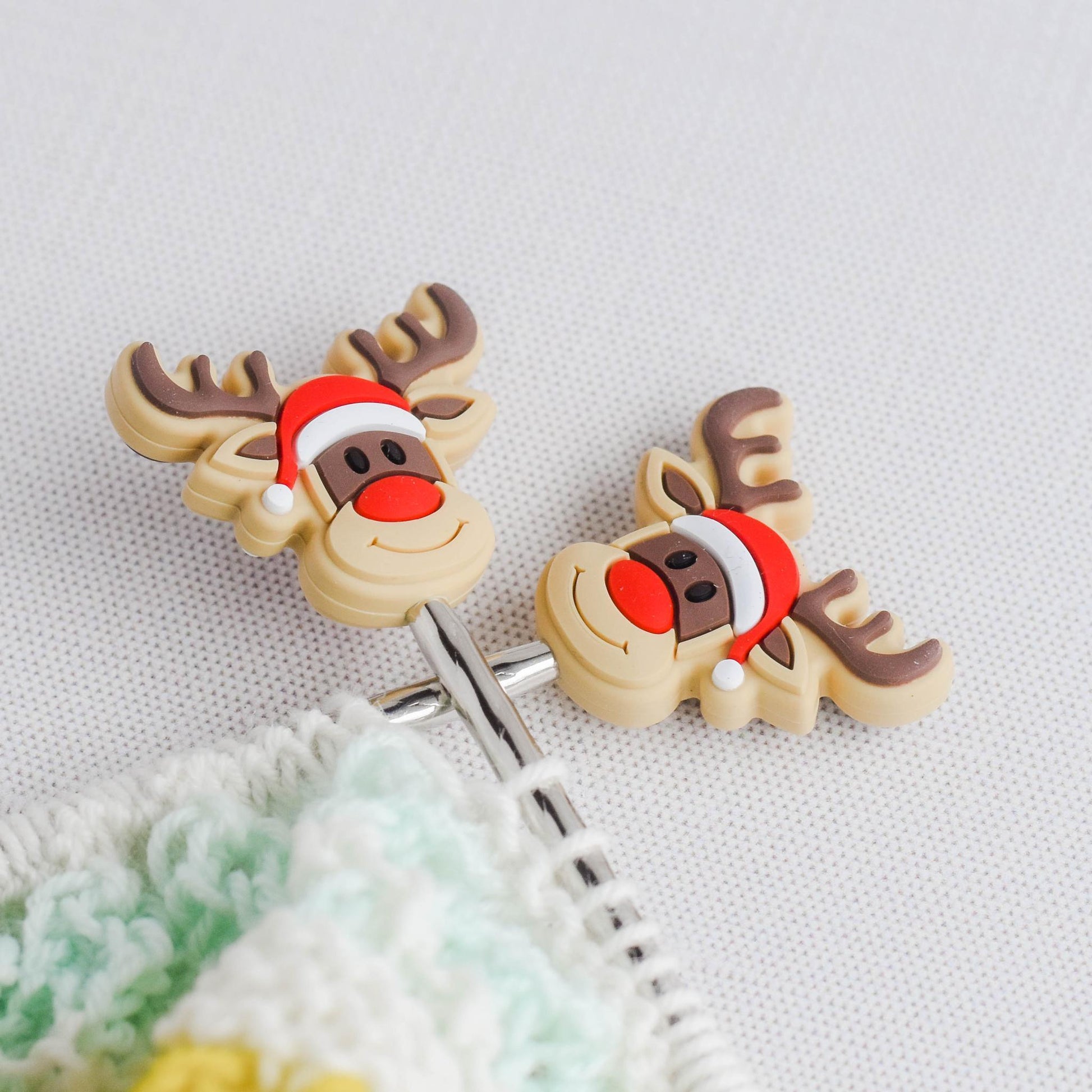 Christmas Reindeer Silicone Stitch Stoppers - Set of 2 - Knitting Needle Point Protectors, Stitch Holders, Needle Stoppers