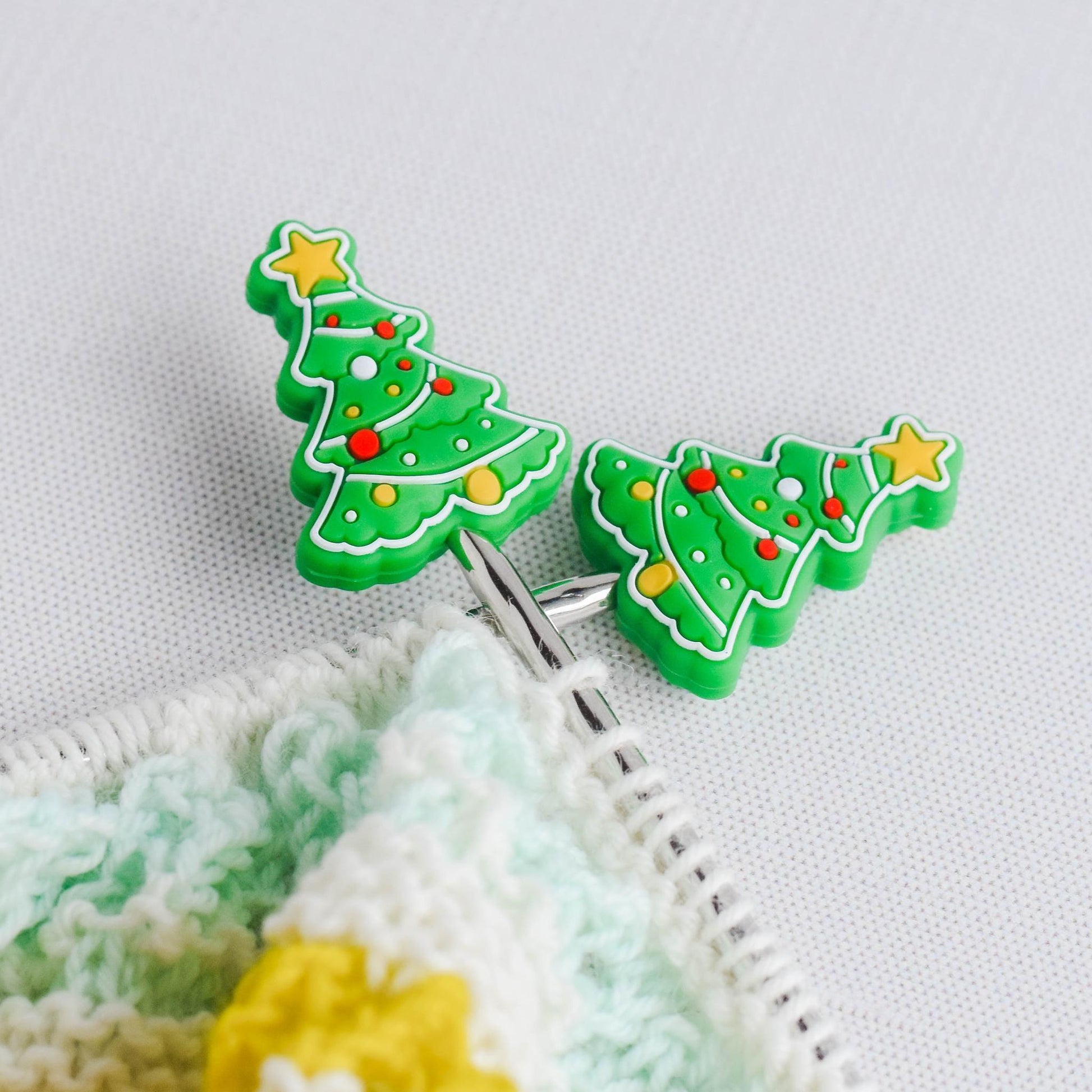 Green Christmas Tree Silicone Stitch Stoppers - Set of 2 - Knitting Needle Point Protectors, Stitch Holders, Needle Stoppers