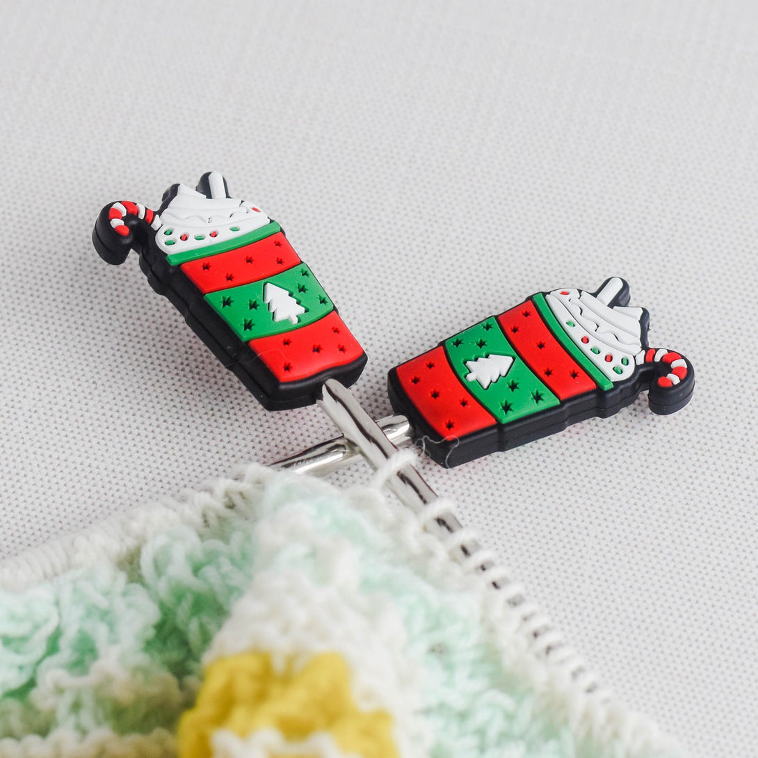 Christmas Peppermint Coffee Silicone Stitch Stoppers - Set of 2 - Knitting Needle Point Protectors, Stitch Holders, Needle Stoppers