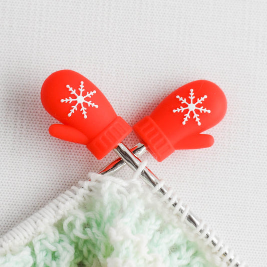 Christmas Mittens Silicone Stitch Stoppers - Set of 2 - Knitting Needle Point Protectors, Stitch Holders, Needle Stoppers