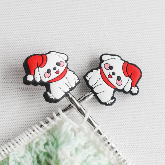 Christmas Puppy Silicone Stitch Stoppers - Set of 2 - Knitting Needle Point Protectors, Stitch Holders, Needle Stoppers