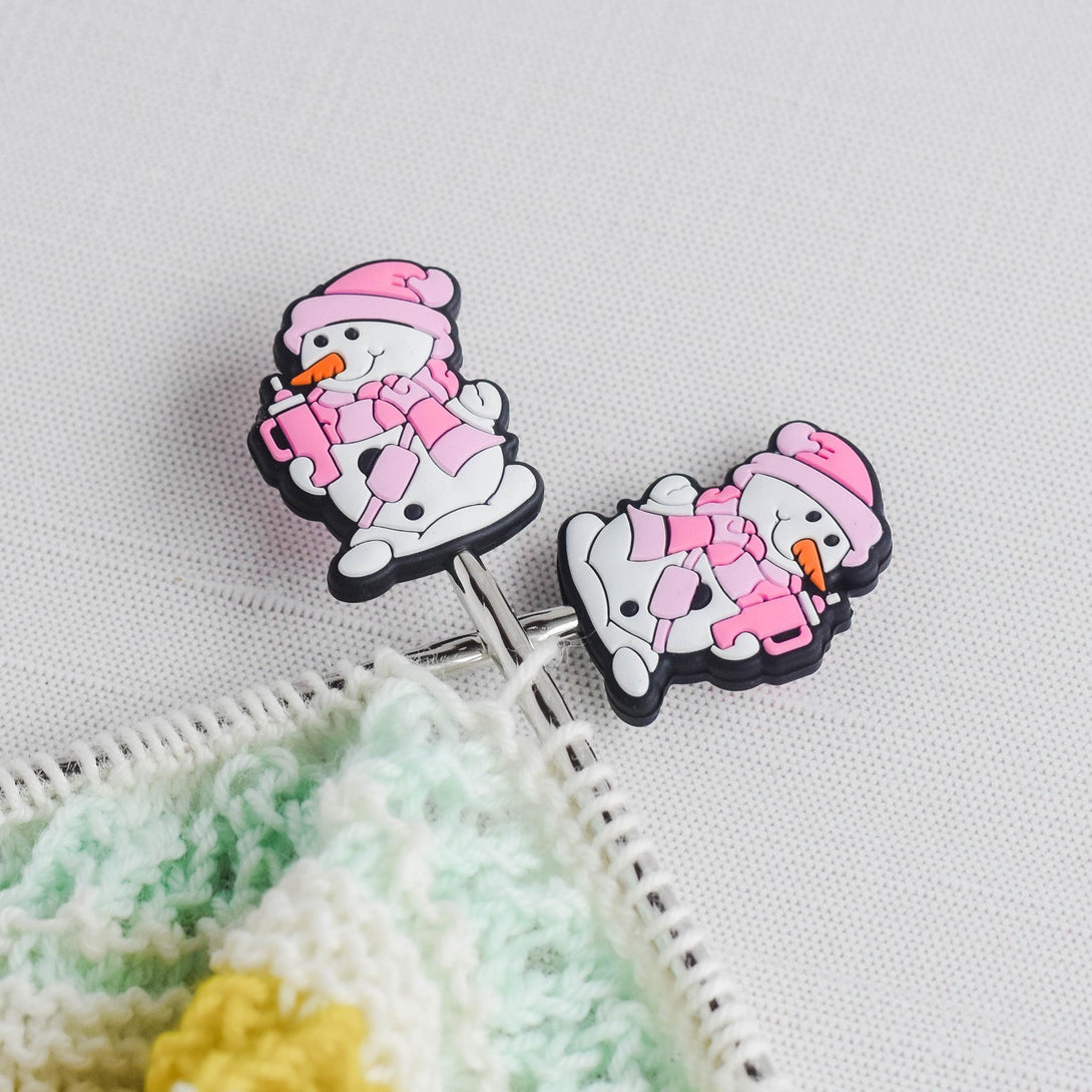 Pink Snowman Silicone Stitch Stoppers - Set of 2 - Knitting Needle Point Protectors, Stitch Holders, Needle Stoppers