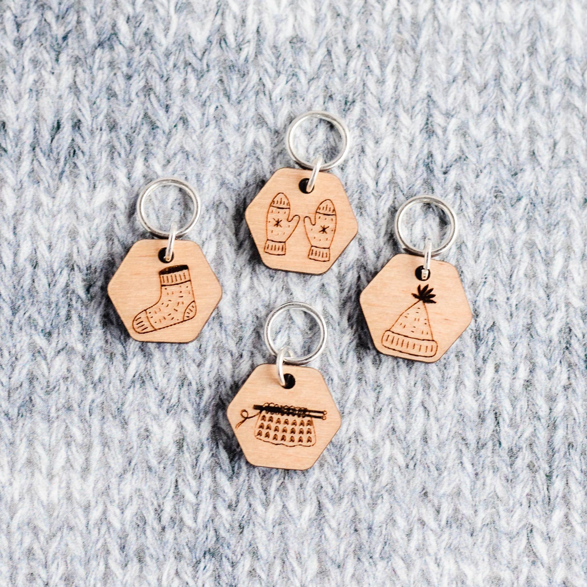 Set of 4 Stitch Markers - Knitting Projects - Laser Engraved Wood Stitch Markers, Knit Hat, WIP, Knit Sock, Knitting Stitch Markers