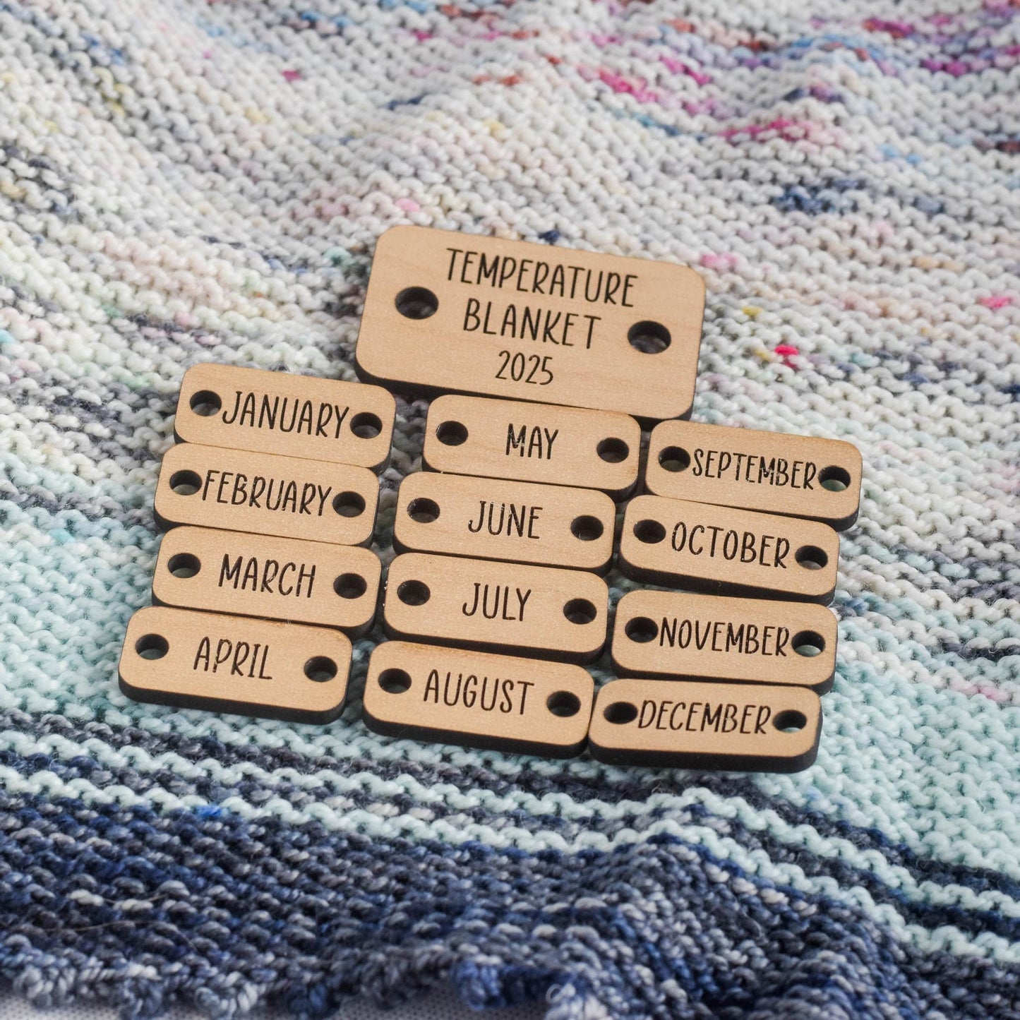 Temperature Blanket Button - 2025 Year and Months - Engraved Wood Button, Crochet Blanket Tag, Knit Blanket, Weather Blanket Button