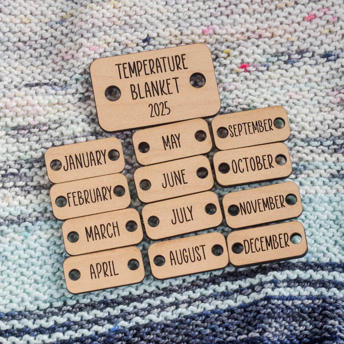 Temperature Blanket Button - 2025 Year and Months - Engraved Wood Button, Crochet Blanket Tag, Knit Blanket, Weather Blanket Button