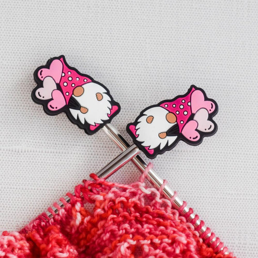 Valentine Gnome Silicone Stitch Stoppers - Set of 2 - Knitting Needle Point Protectors, Stitch Holders, Needle Stoppers