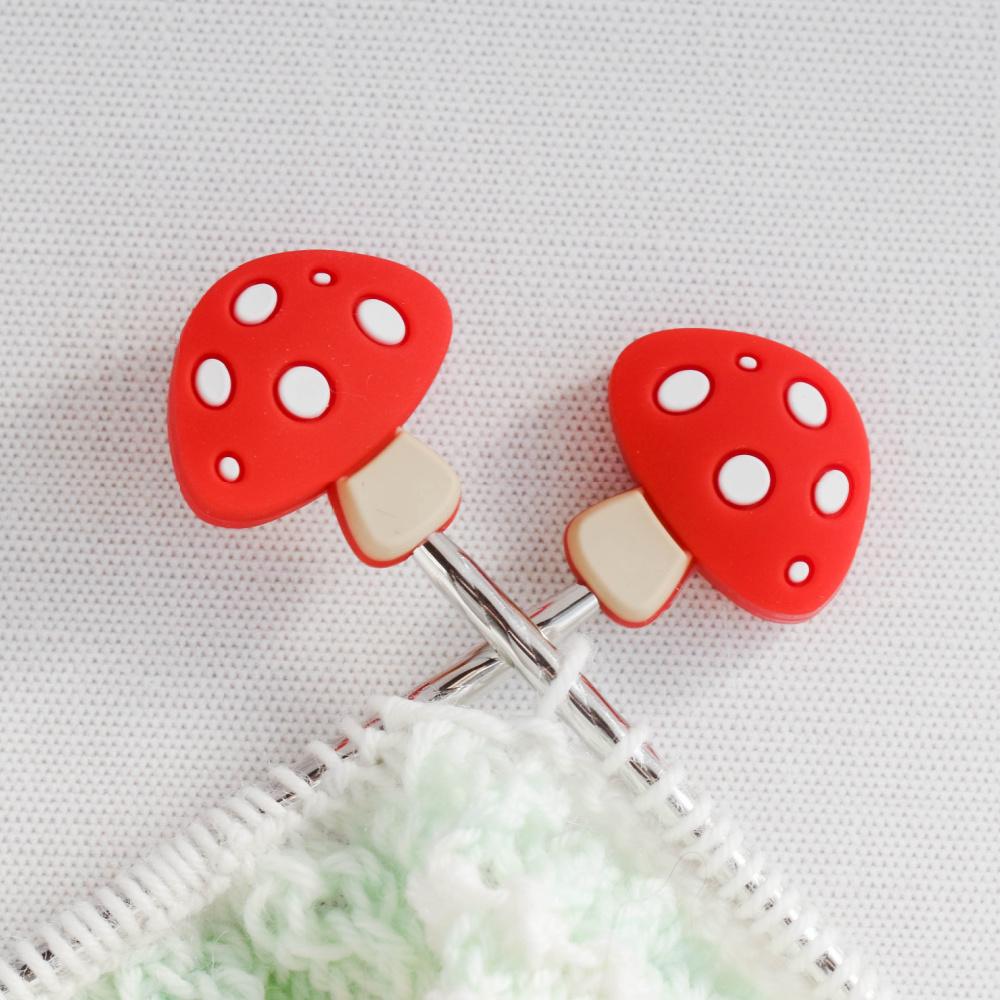 Mushroom Silicone Stitch Stoppers - Set of 2 - Knitting Needle Point Protectors, Stitch Holders, Needle Stoppers