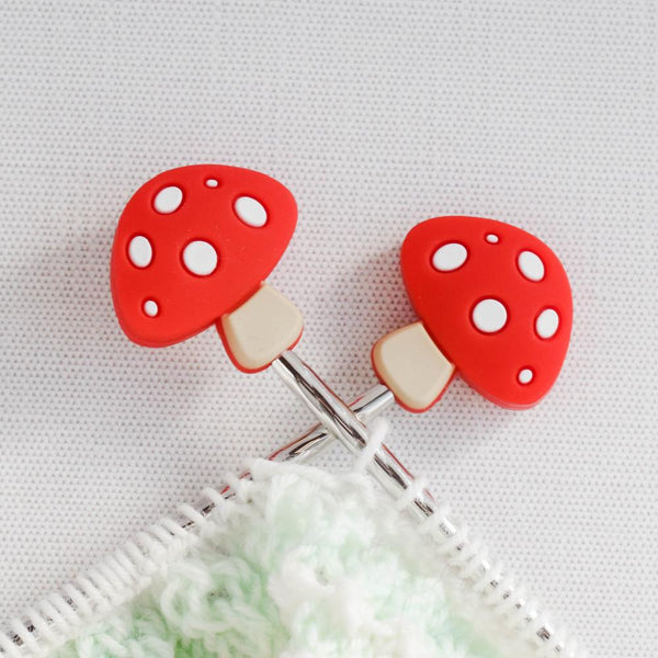 Mushroom Silicone Stitch Stoppers - Set of 2 - Knitting Needle Point Protectors, Stitch Holders, Needle Stoppers