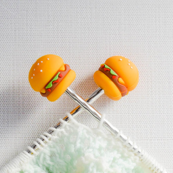 Cheeseburger Silicone Stitch Stoppers - Set of 2 - Knitting Needle Point Protectors, Stitch Holders, Needle Stoppers