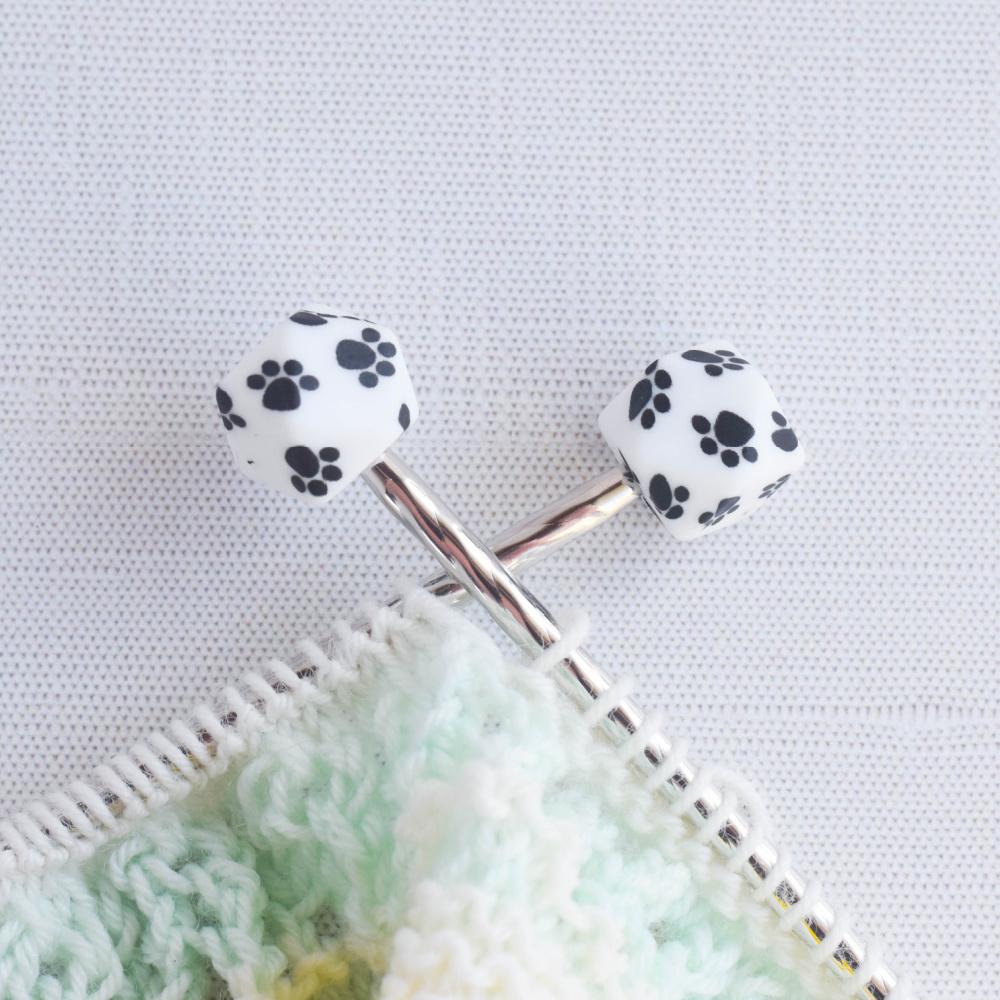 Dog Paw Spot Polygon Silicone Stitch Stoppers - Set of 2 - Knitting Needle Point Protectors, Stitch Holders, Needle Stoppers