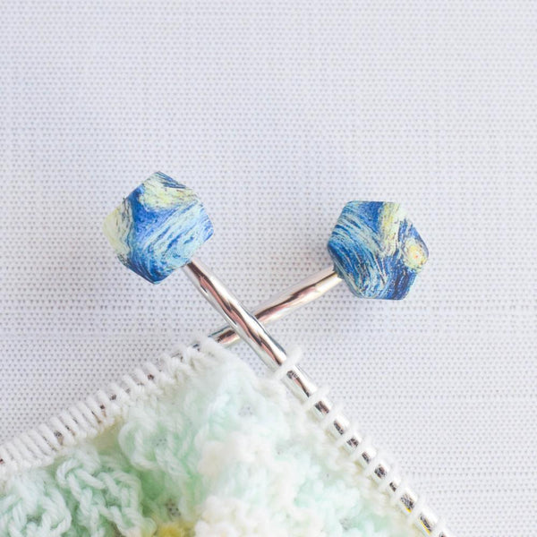 Starry Night Polygon Silicone Stitch Stoppers - Set of 2 - Knitting Needle Point Protectors, Stitch Holders, Needle Stoppers
